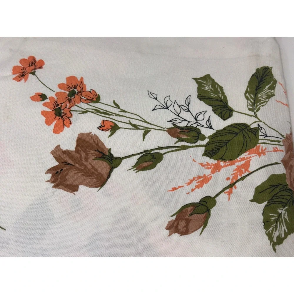Vintage Floral Tablecloth Brown Roses Orange Flowers White Rectangular 52x66